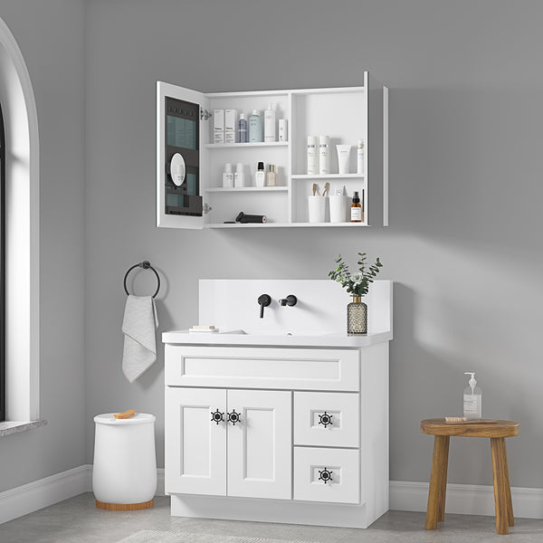 White Bathroom Medicine Cabinet with Mirror, Modern 36"x26" Wall-Mounted Storage Cabinet